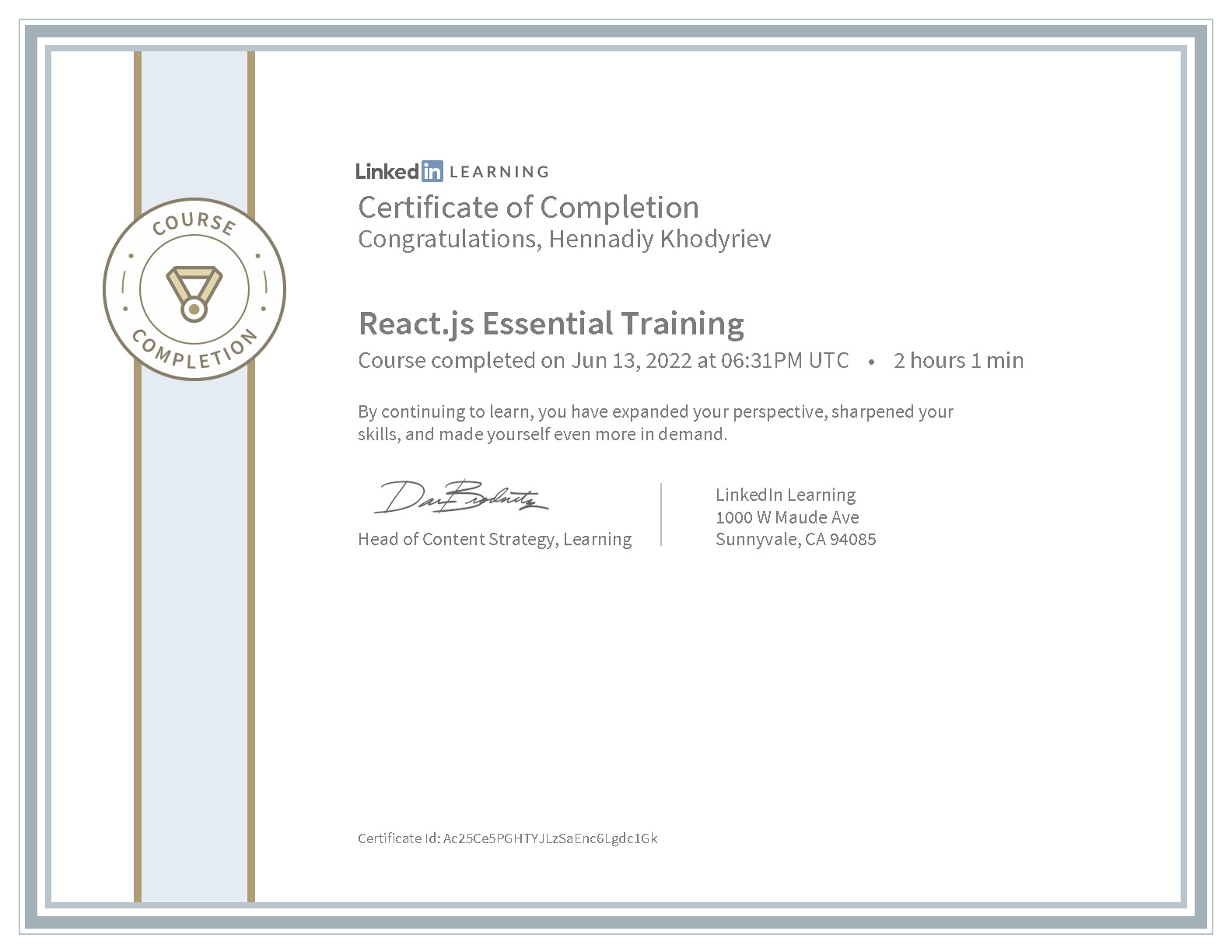 React.js Essential Training certificat